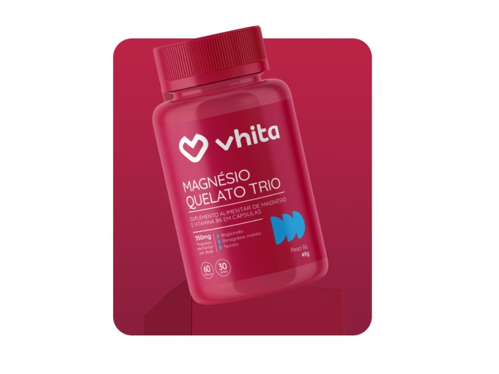 Magnésio Quelato Trio, Dimalato, Bisglicinato e Taurato com Vitamina B6 350mg Vhita 60 Cápsulas
